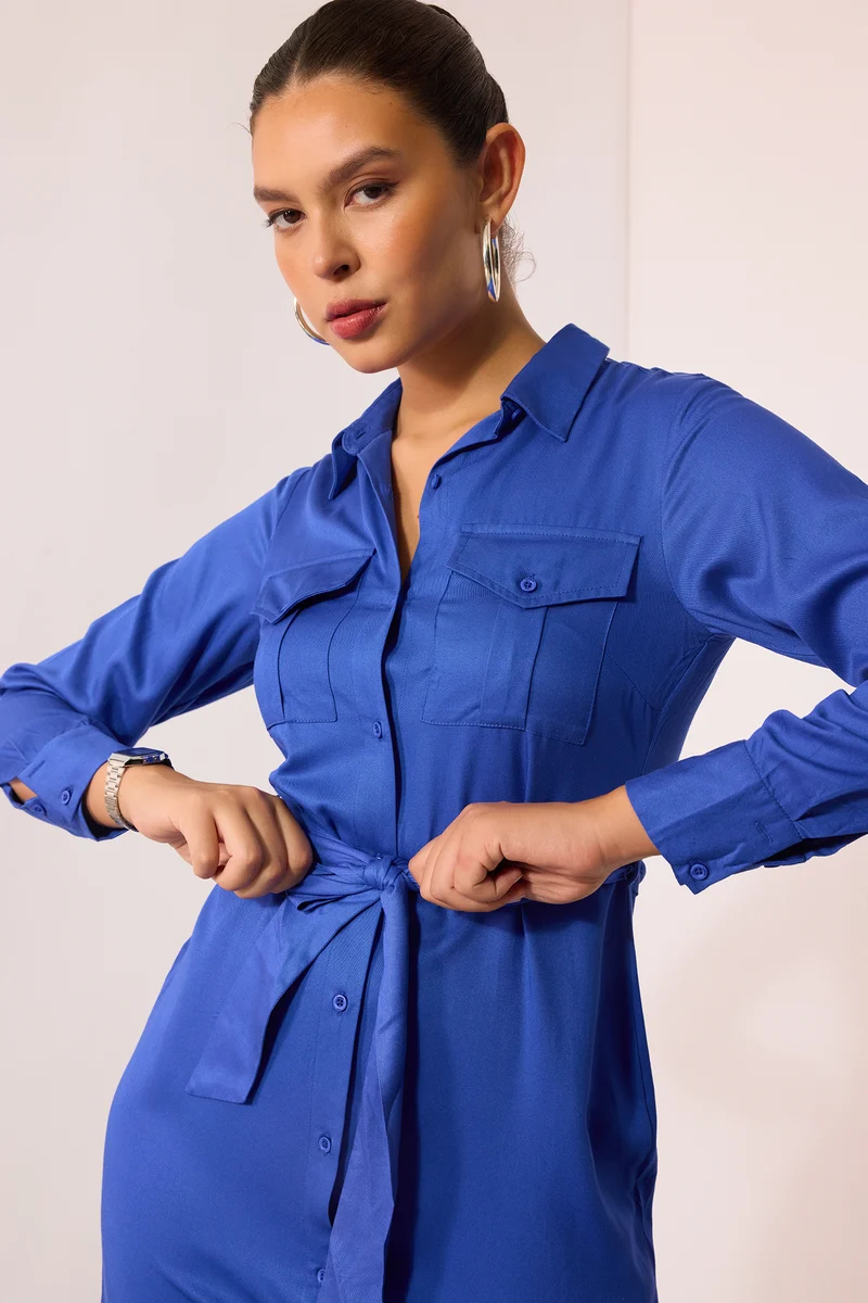 Leighton|100% Viscose Blue Midi Shirt Dress With Belt