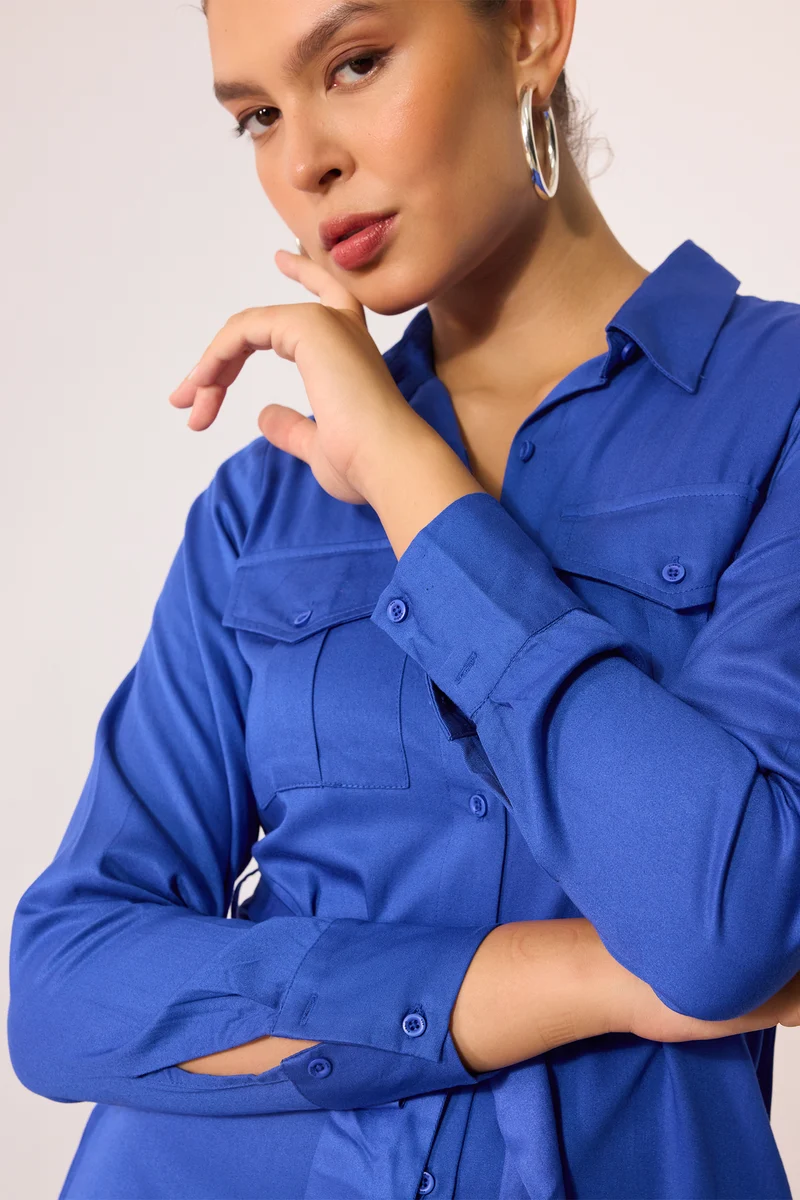 Leighton|100% Viscose Blue Midi Shirt Dress With Belt