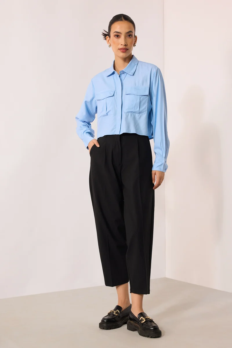 Alana|100% Viscose Oversize Blue Shirt With Pockets