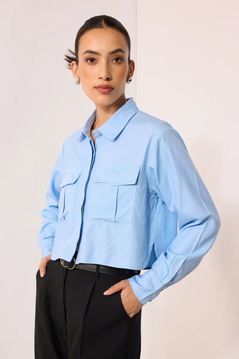 Alana|100% Viscose Oversize Blue Shirt With Pockets