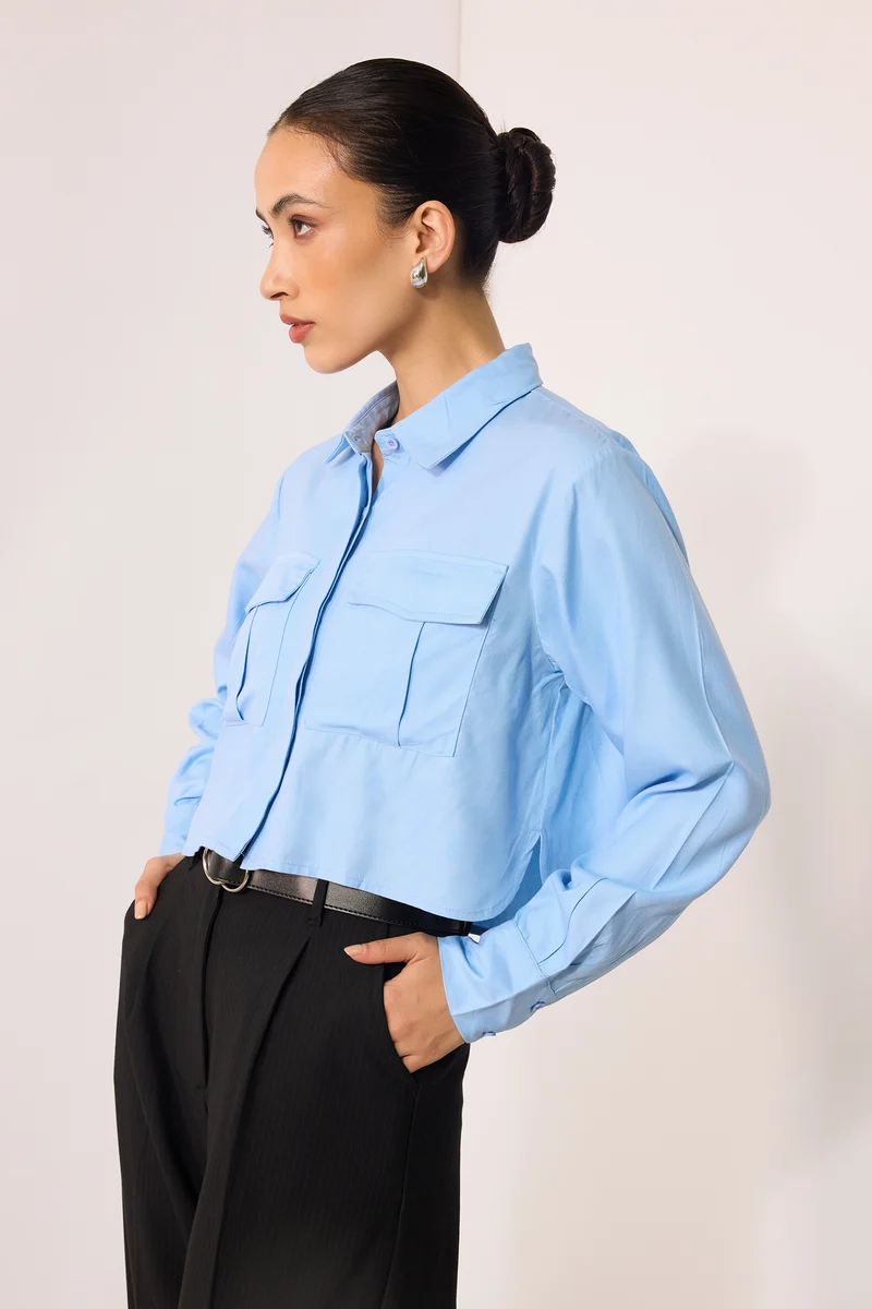 Alana|100% Viscose Oversize Blue Shirt With Pockets