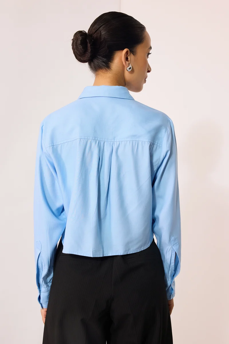 Alana|100% Viscose Oversize Blue Shirt With Pockets