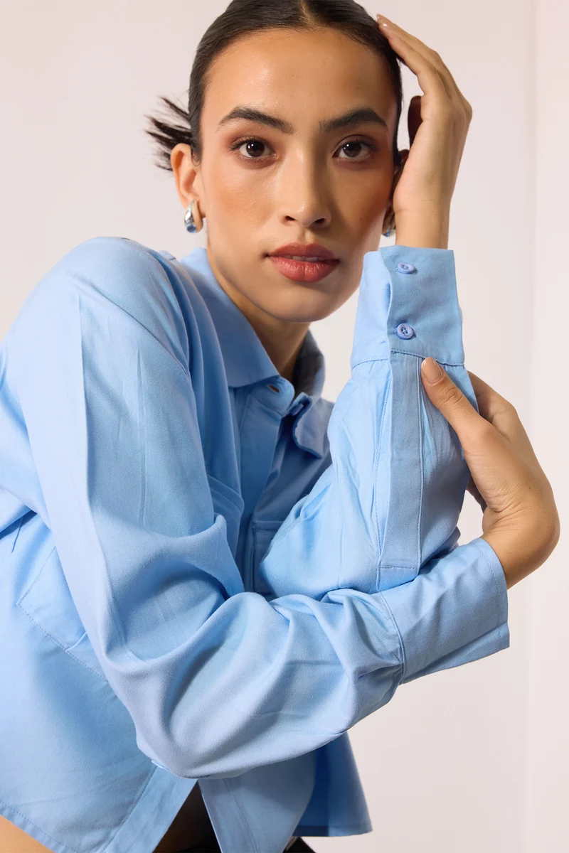 Alana|100% Viscose Oversize Blue Shirt With Pockets