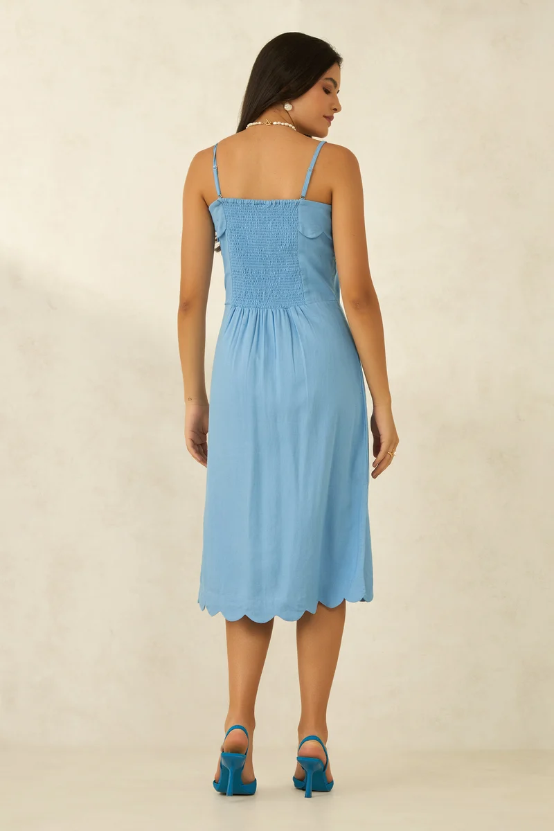 Florencia|Linen Strappy Scalloped Hem Midi Dress