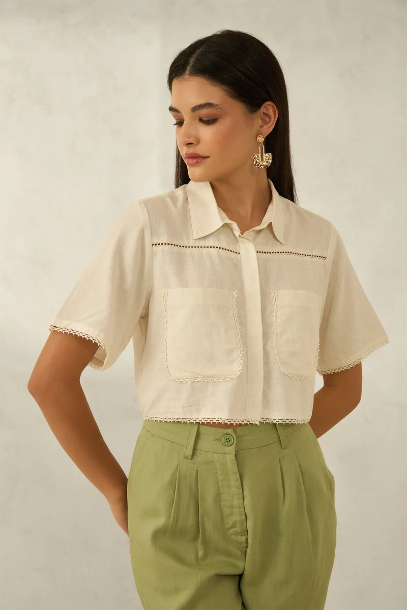 Elena|Linen Cropped Boxy Fit Lace Shirt
