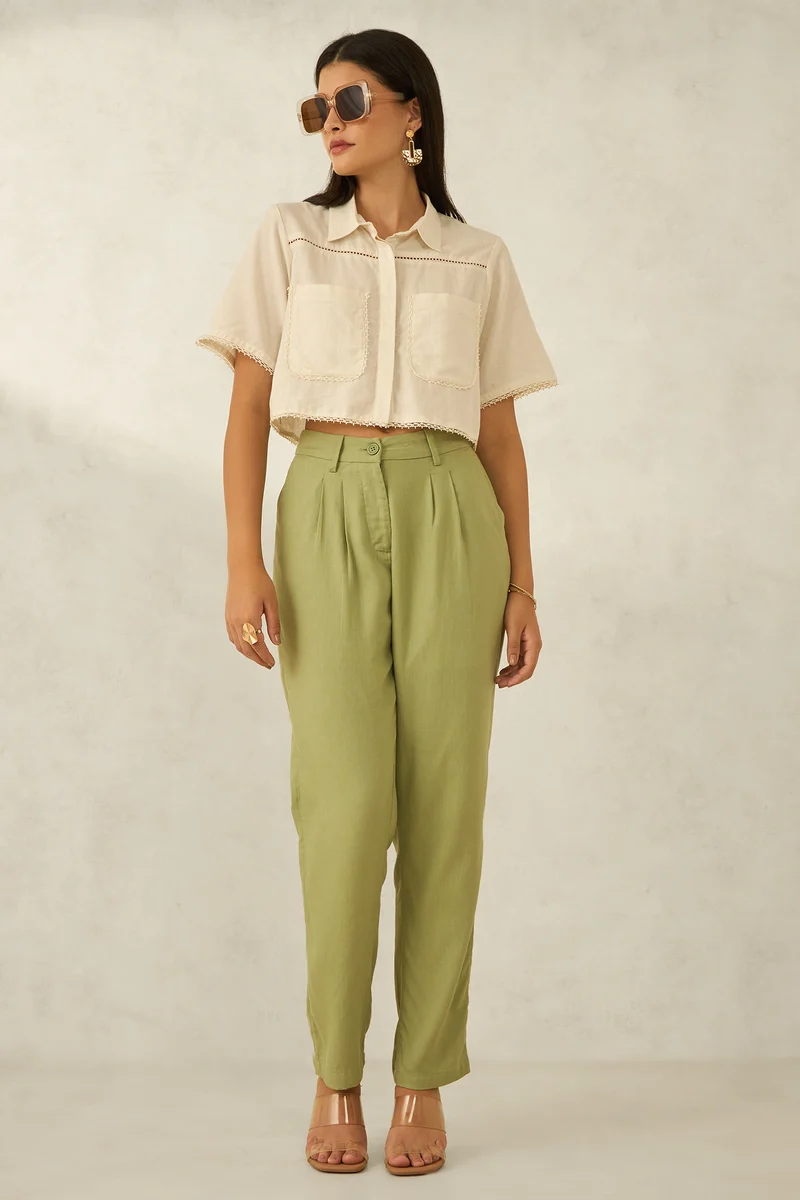 Elena|Linen Cropped Boxy Fit Lace Shirt