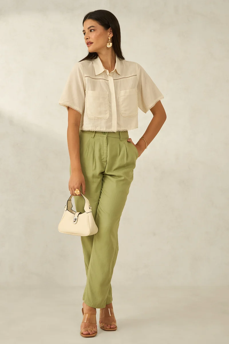 Elena|Linen Cropped Boxy Fit Lace Shirt