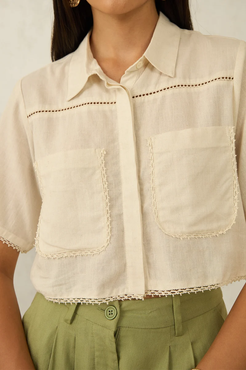 Elena|Linen Cropped Boxy Fit Lace Shirt