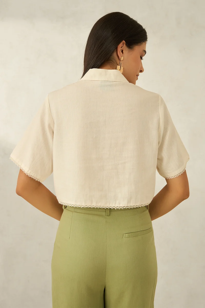 Elena|Linen Cropped Boxy Fit Lace Shirt