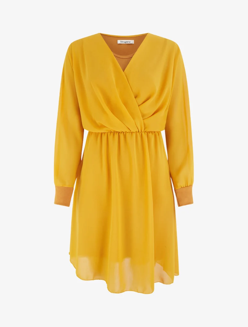 Robe évasée en voile à col cache-coeur - Moutarde