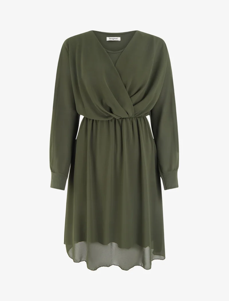 Robe évasée en voile à col cache-coeur - Kaki