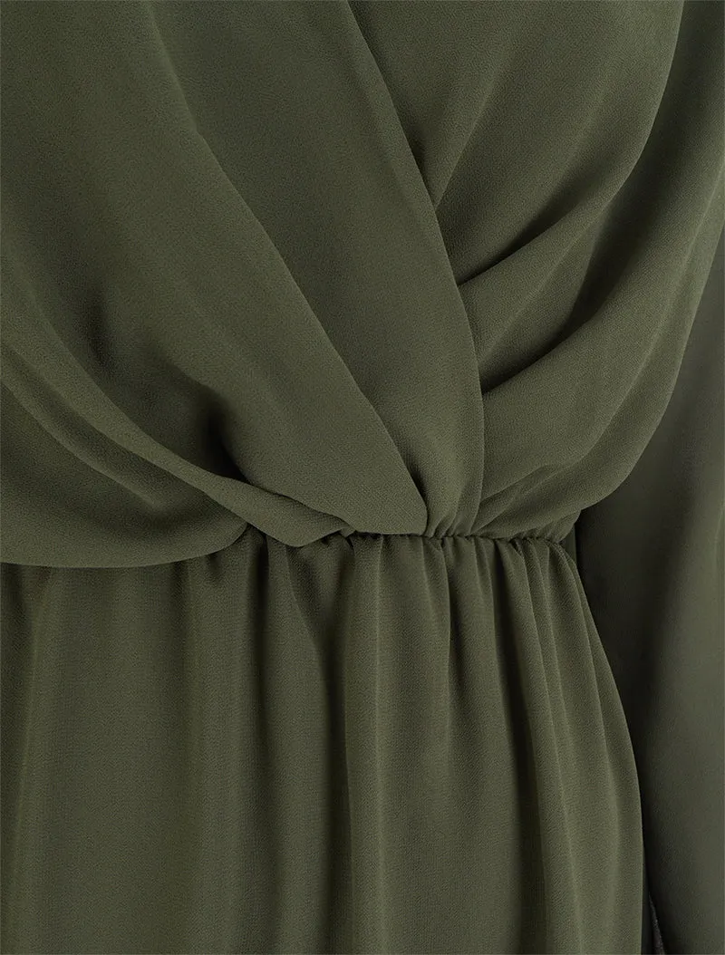 Robe évasée en voile à col cache-coeur - Kaki