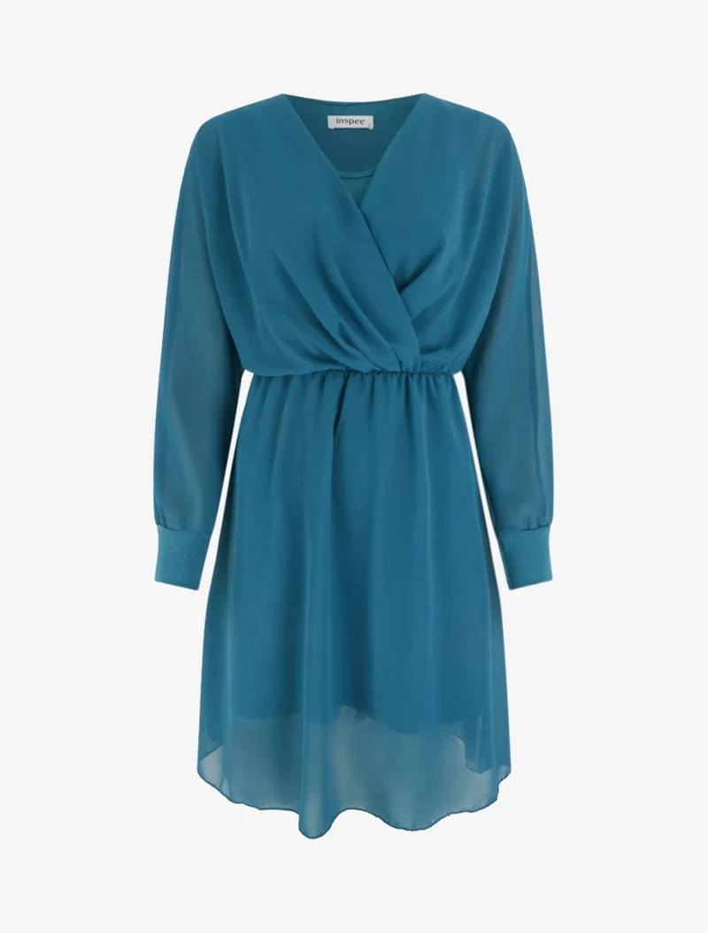 Robe évasée en voile à col cache-coeur - Bleu canard