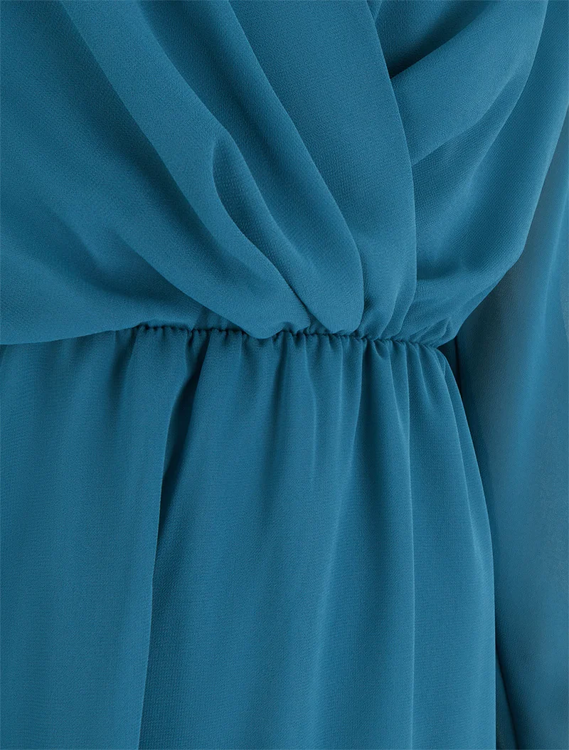 Robe évasée en voile à col cache-coeur - Bleu canard