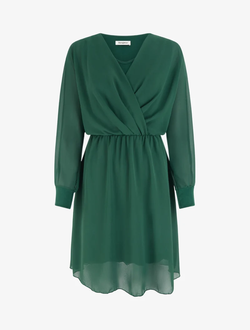 Robe évasée en voile à col cache-coeur - Vert foncé