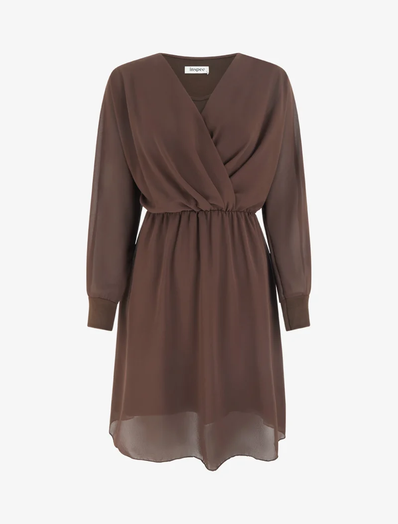 Robe évasée en voile à col cache-coeur - Marron