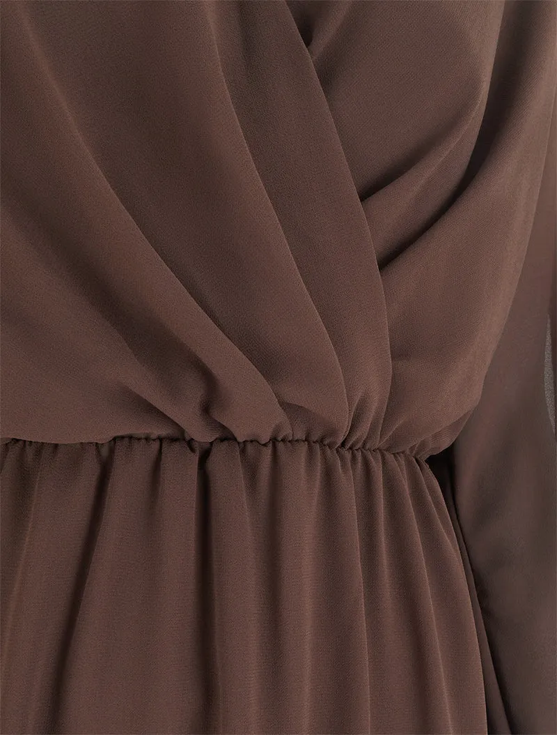 Robe évasée en voile à col cache-coeur - Marron