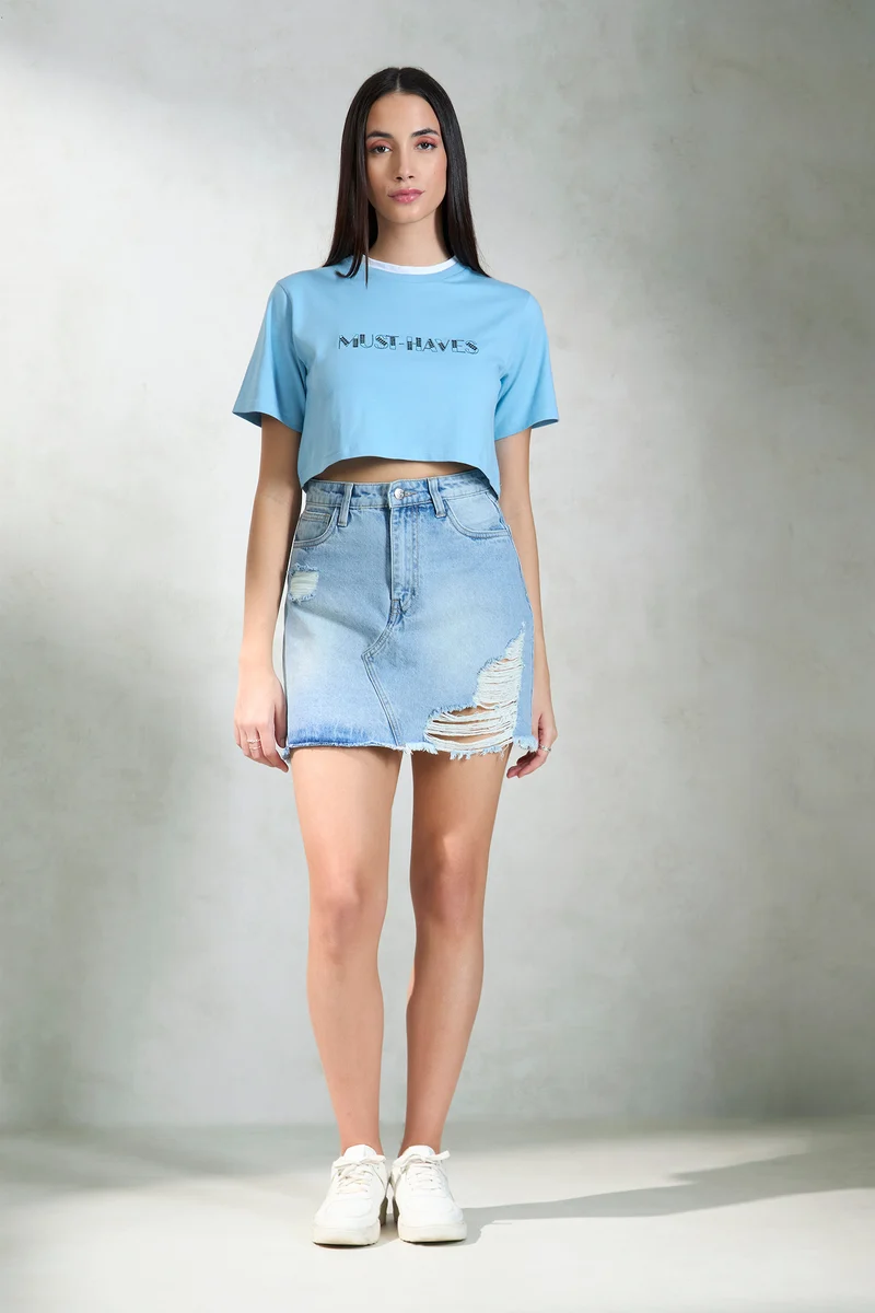 Rinchen|100% Cotton Contrast Neck Crop Graphic Tee