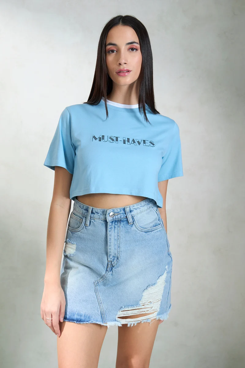 Rinchen|100% Cotton Contrast Neck Crop Graphic Tee