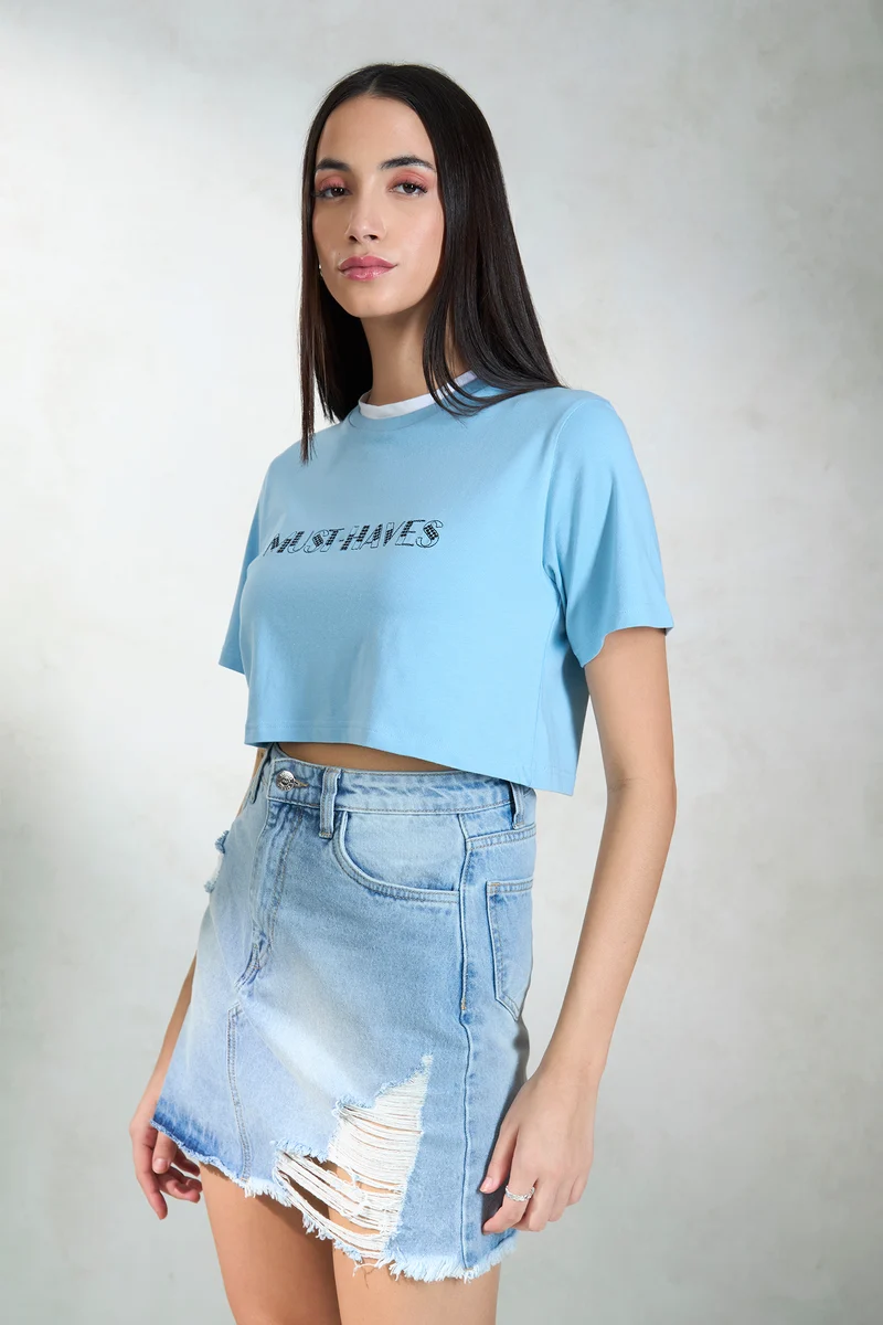 Rinchen|100% Cotton Contrast Neck Crop Graphic Tee