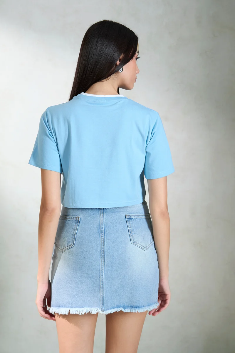 Rinchen|100% Cotton Contrast Neck Crop Graphic Tee