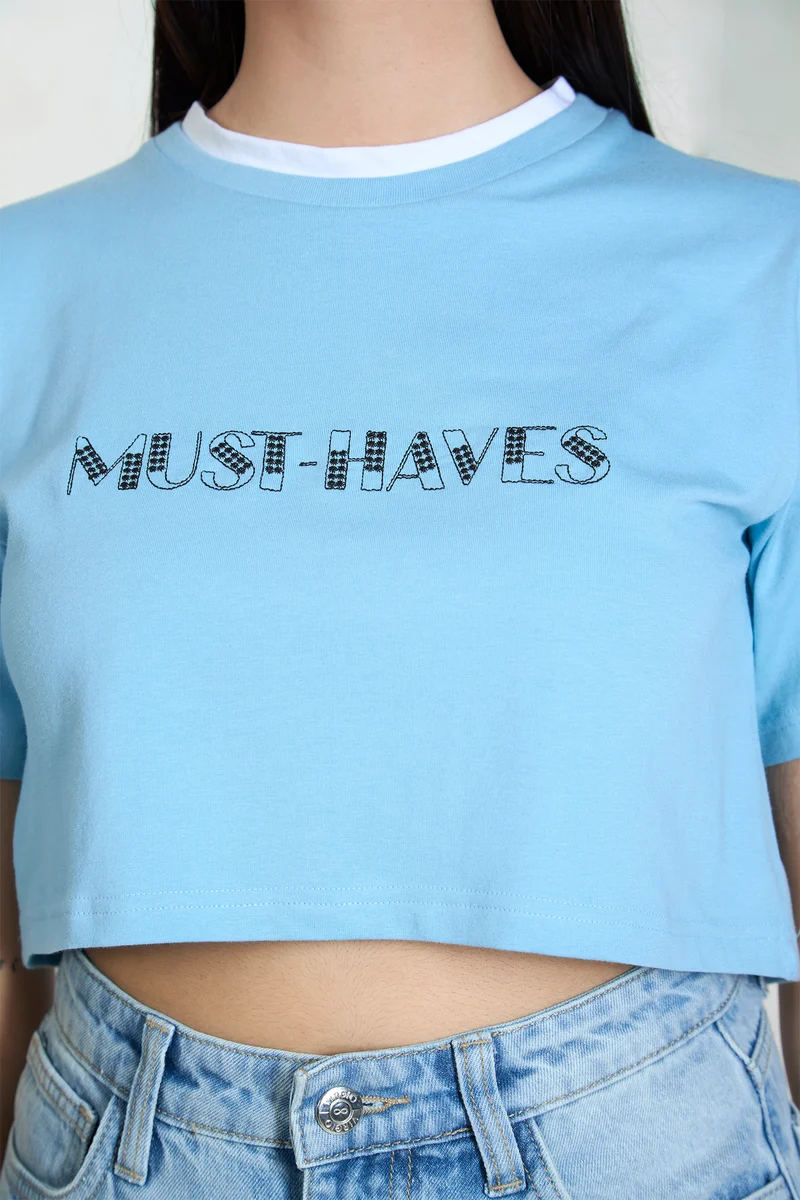 Rinchen|100% Cotton Contrast Neck Crop Graphic Tee