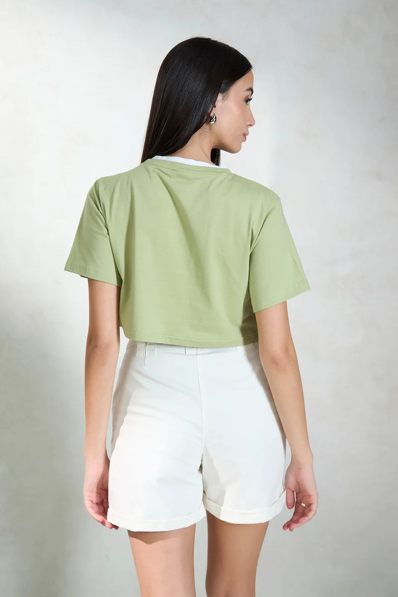 Rogue|100% Cotton Contrast Neck Crop Graphic Tee