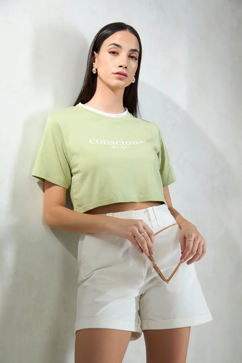 Rogue|100% Cotton Contrast Neck Crop Graphic Tee