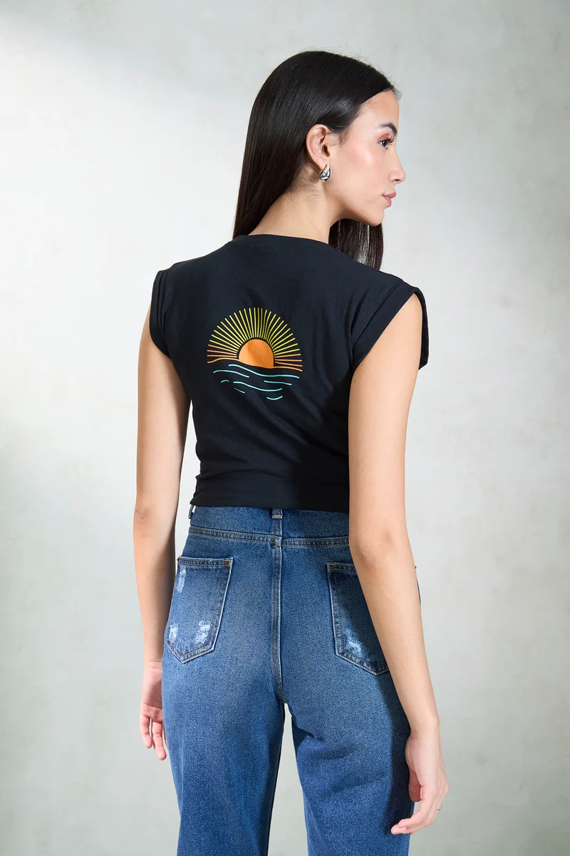 Ivy|100% Cotton Jersey Knit Black Tee