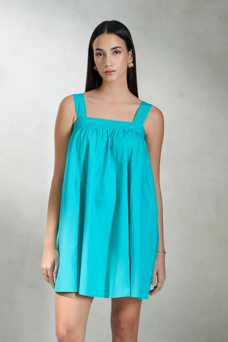 Shehnaz|100% Cotton Teal Mini Dress With Broad Strap