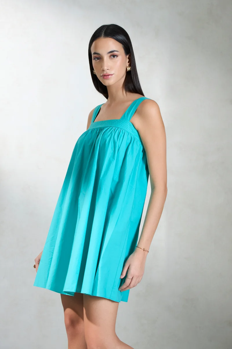 Shehnaz|100% Cotton Teal Mini Dress With Broad Strap