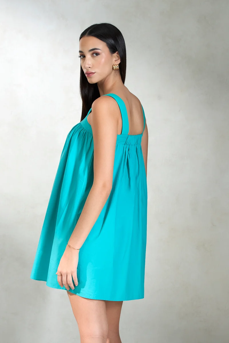 Shehnaz|100% Cotton Teal Mini Dress With Broad Strap
