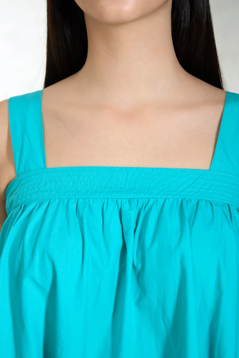 Shehnaz|100% Cotton Teal Mini Dress With Broad Strap