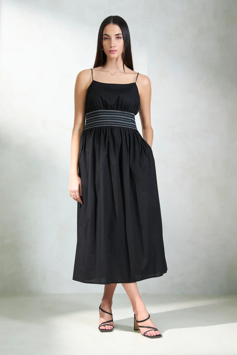 Vaanya|100% Cotton Waist Smocked Midi Dress