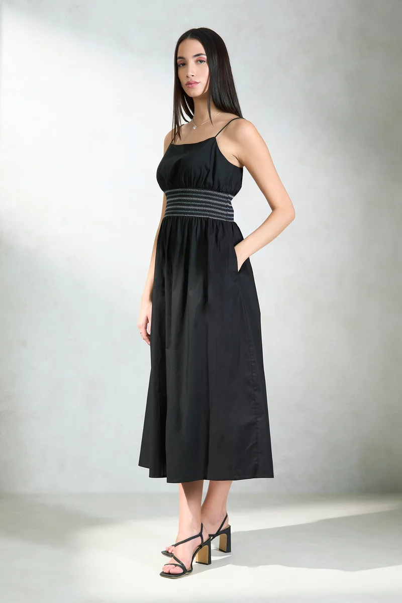 Vaanya|100% Cotton Waist Smocked Midi Dress