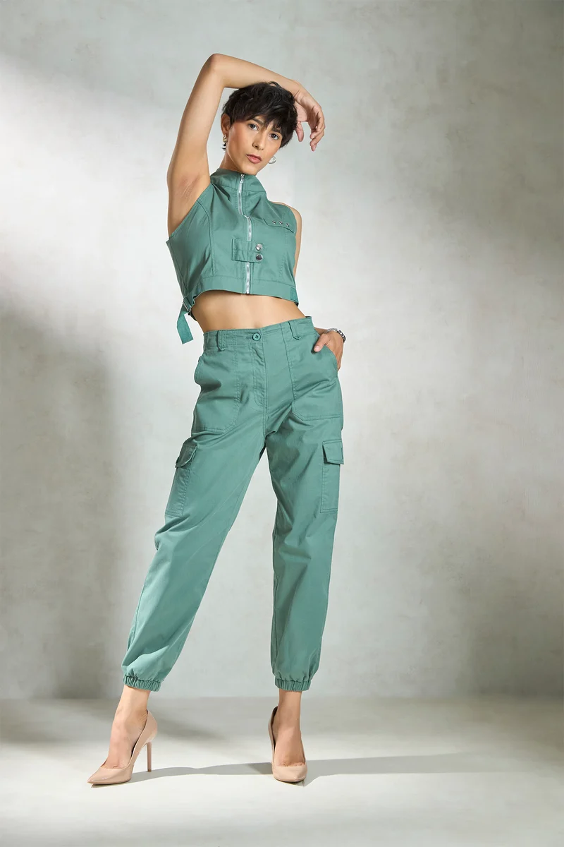 Livia|Cotton Stretch Seamed Buckle Zip Top