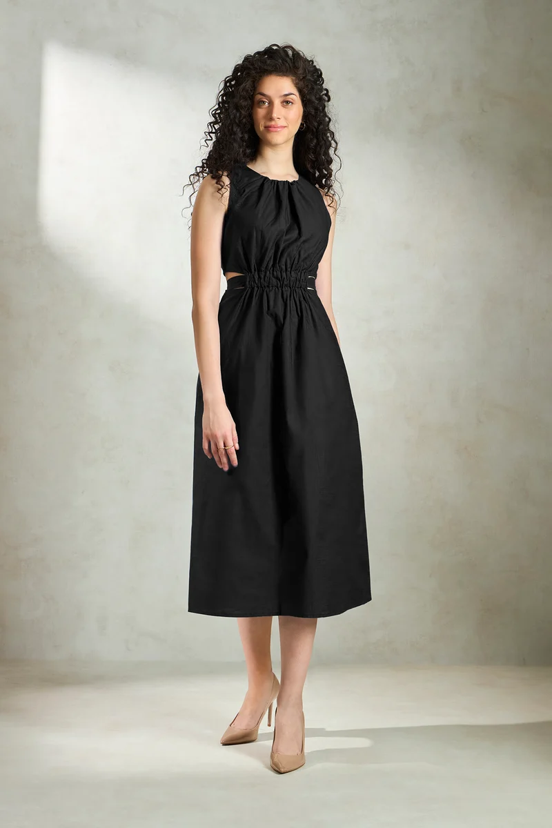 Alexis|100% Cotton Elastic Waist Cutout Midi Dress