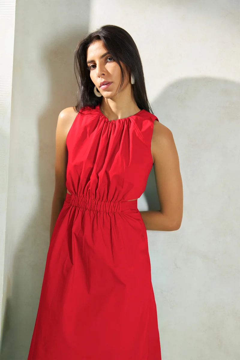 Roselle|100% Cotton Elastic Waist Cutout Midi Dress