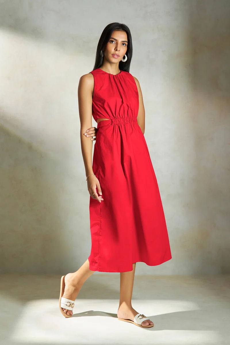 Roselle|100% Cotton Elastic Waist Cutout Midi Dress