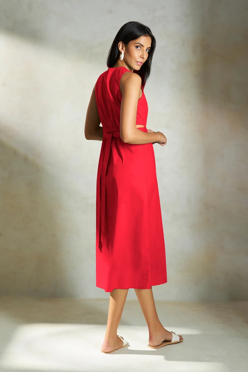 Roselle|100% Cotton Elastic Waist Cutout Midi Dress