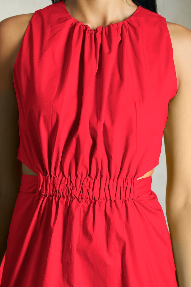 Roselle|100% Cotton Elastic Waist Cutout Midi Dress