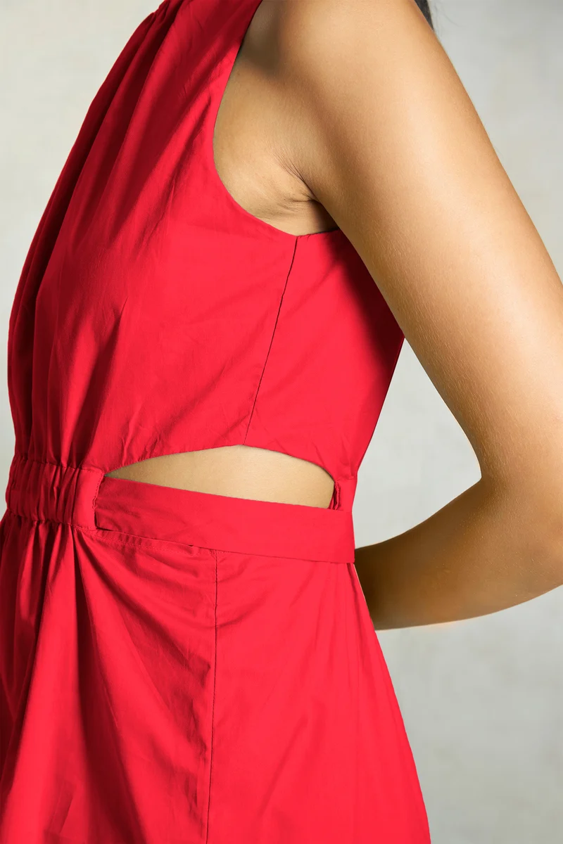 Roselle|100% Cotton Elastic Waist Cutout Midi Dress