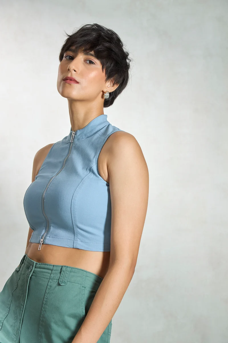 Marlowe|Cotton Stretch Seamed Zipper Top