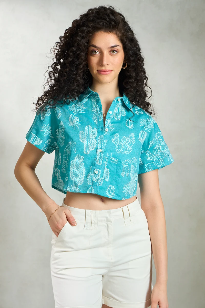 Indigo|Linen Printed Crop Boxy Shirt