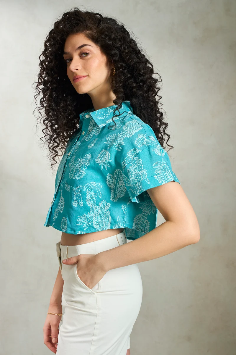 Indigo|Linen Printed Crop Boxy Shirt