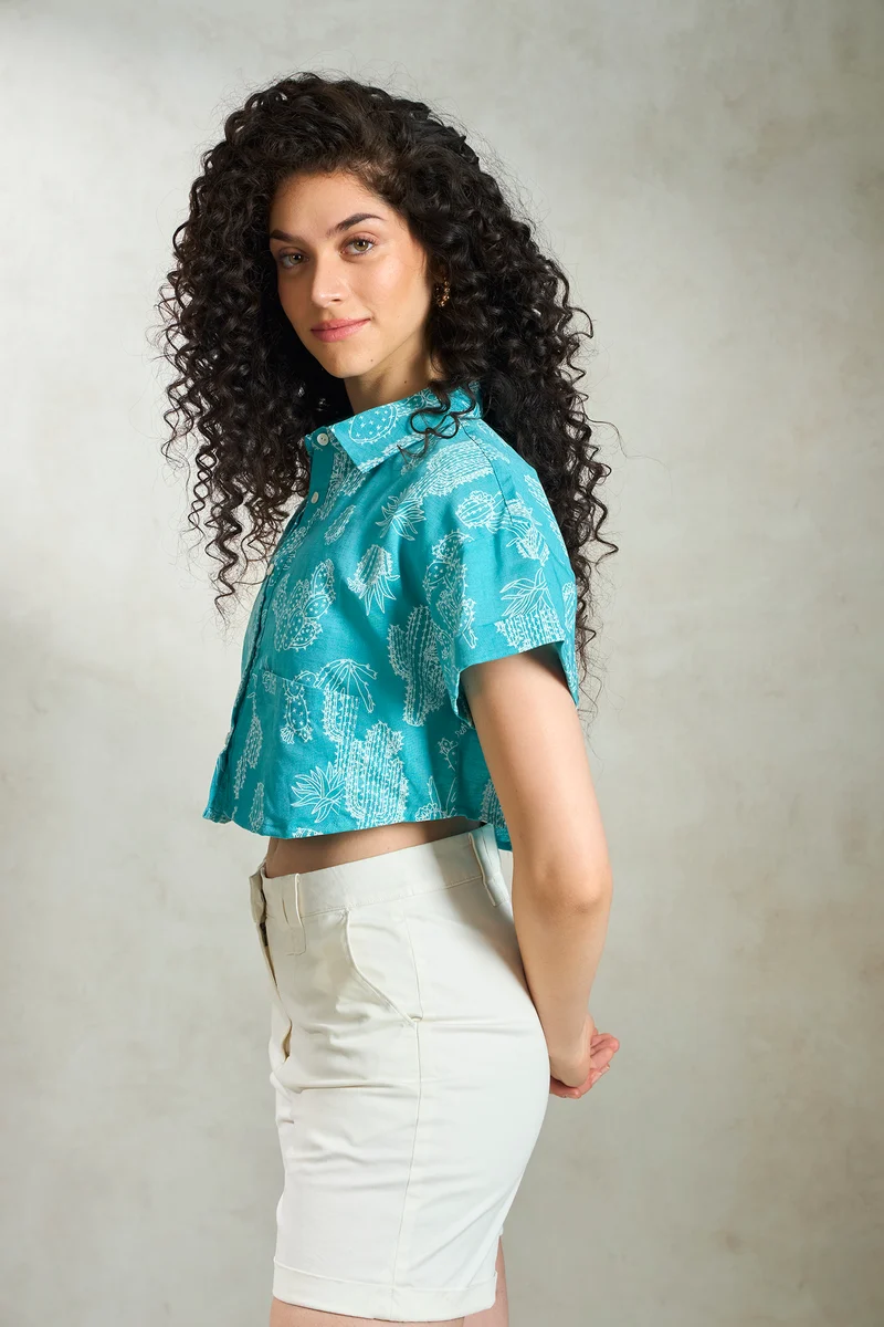 Indigo|Linen Printed Crop Boxy Shirt