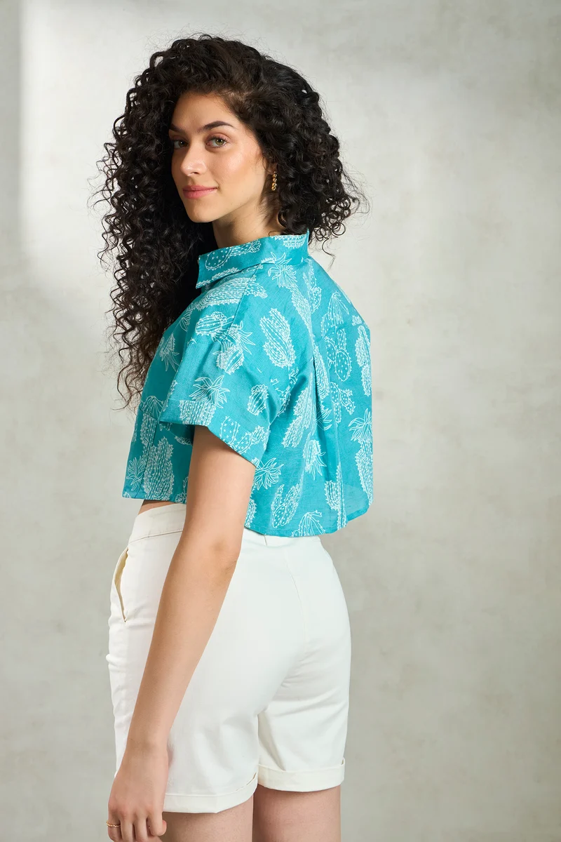 Indigo|Linen Printed Crop Boxy Shirt