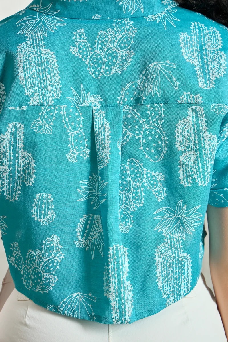 Indigo|Linen Printed Crop Boxy Shirt