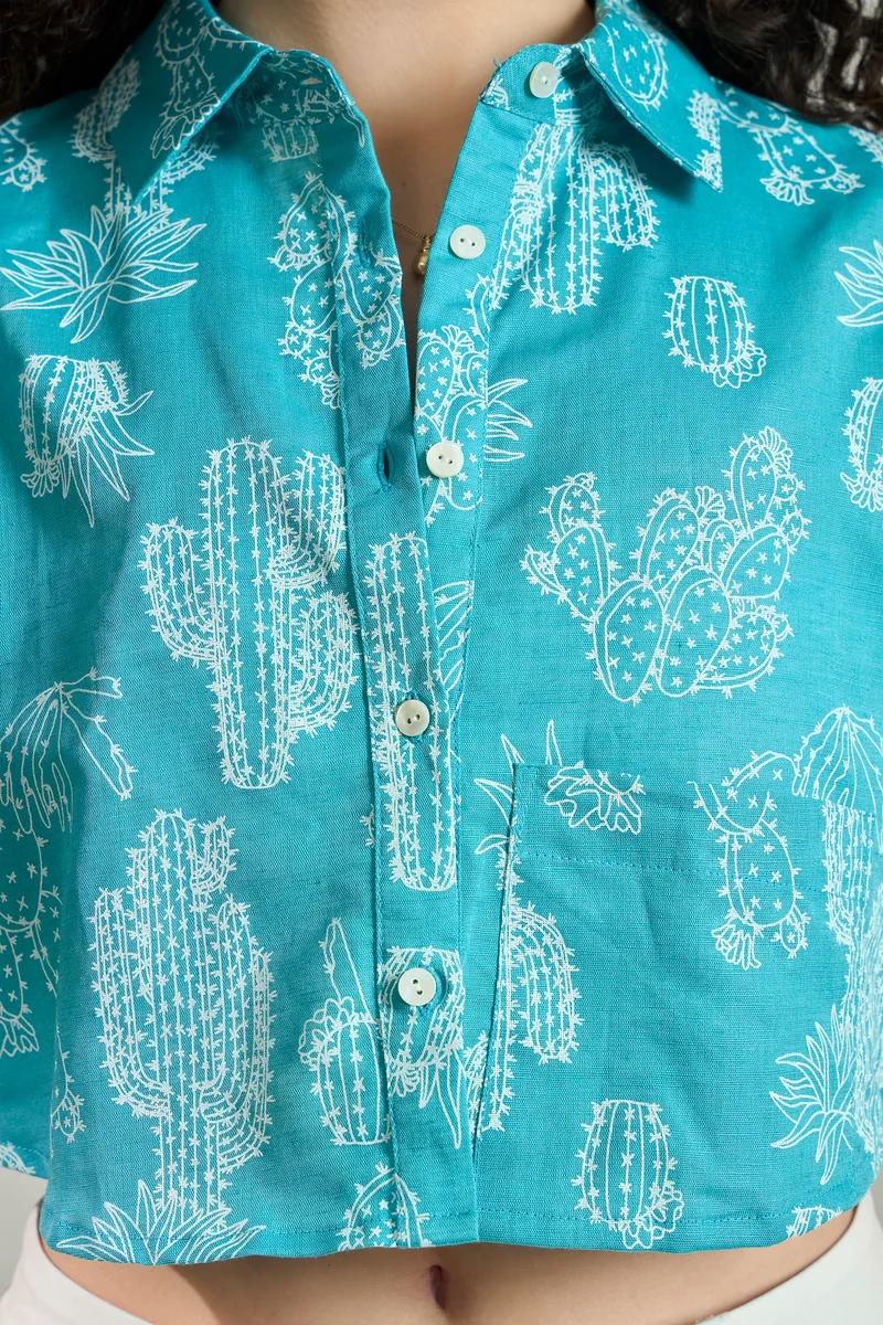 Indigo|Linen Printed Crop Boxy Shirt