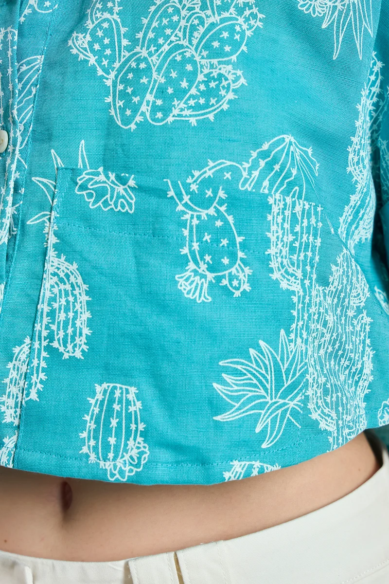 Indigo|Linen Printed Crop Boxy Shirt